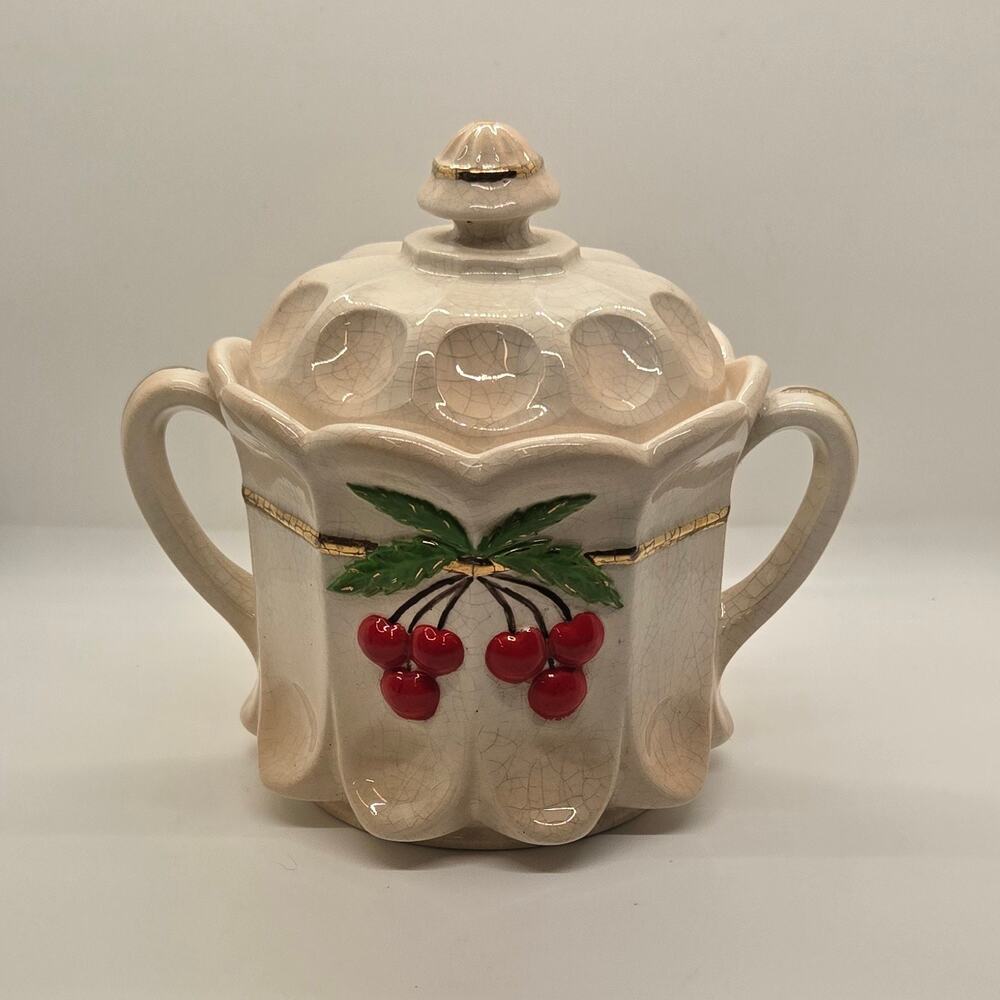 Vintage Westmoreland Milk Glass Hand Painted Cherry Thumbprint Panel Cookie Jar